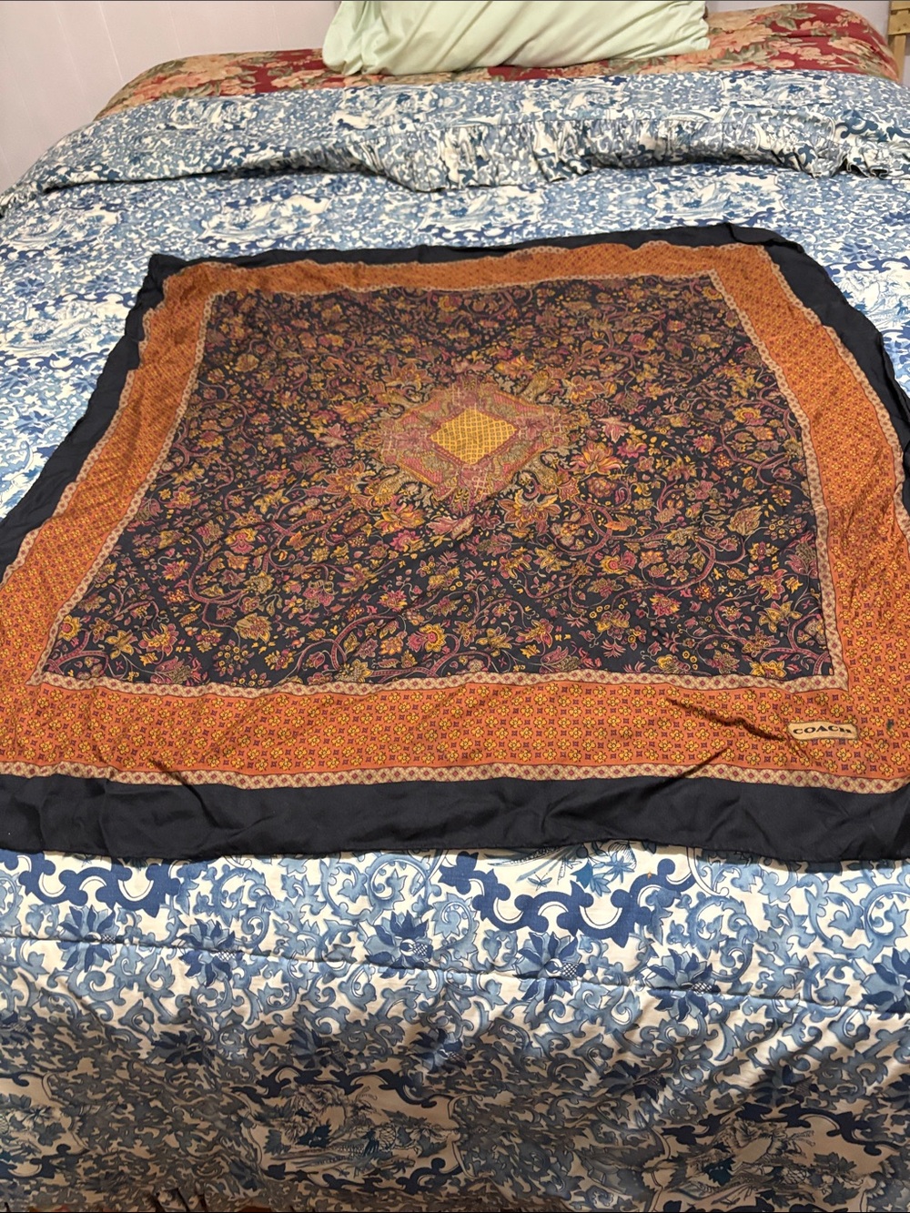 Coach Paisley Floral Throw in Navy and Rust